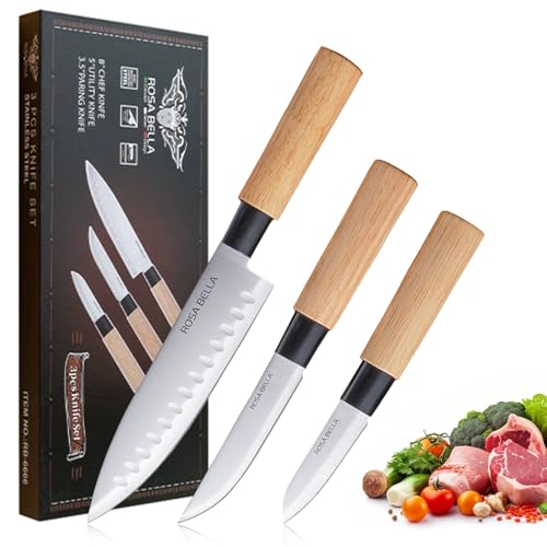 Justup Messerset, 3-tlg Profi Küchenmesser Kochmesser Set, Edelstahl Extra Scharfe Messer Set mit Eichenmessergriff, Kochmesser, Allzweckmesser und Schälmesser für Küche (3-teilig) von Justup