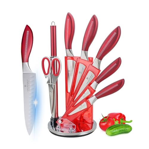 Justup Messerset mit Messerblock, 8-TLG Küchenmesserset Scharfes Edelstahl Messerset, Profi Kochmesser mit Ergonomischem Griff, Küchenmesser Set mit Scherenschleifer (Rot) von Justup