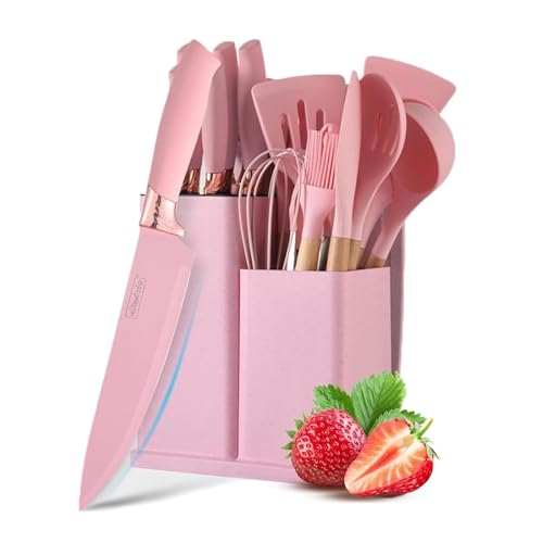 Justup Messerset mit Messerblock, Rosa Küchenmessersets mit block, 19 Teiligs Küchenutensilien mit 6 Messersets und 11 Silikon Pfannenwender, Antihaft Küchenhelfer Set mit Halter (Rosa) von Justup