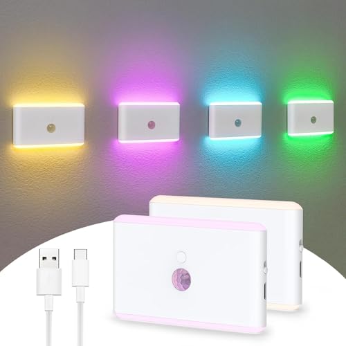 Justup Nachtlicht mit Bewegungsmelder, 7 Farben Wiederaufladbares LED Nachtlicht, Dimmbare Mini Treppe Lichter Flur Licht, Auto EIN/AUS für Kinderzimmer, Flur, Treppe, Schlafzimmer & Schrank (2 Stück) von Justup
