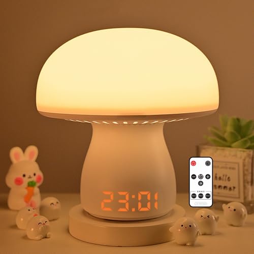 Justup Nachttischlampe Touch Dimmbar, Pilz LED Tischlampe mit Uhranzeige und Timing Funktion, 3600mAh Akku Lampe USB Aufladbar, Tischleuchte Kabellos für deko Schlafzimmer Wohnzimmer Büro (Pilz) von Justup