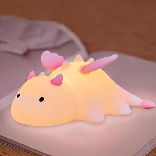 Justup Silikon Nachtlicht für Kinder, Süßes Drachen Lampe mit 7 Farben, Dimmbar Silikon Kinderzimmer Nachtlicht mit Magnetfuß und Timer, Geschenk für Baby Mädchen Junge Zimmer Deko (Rosa) von Justup