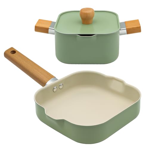 Justup Topf und Pfannenset, 2-Teilig Kochgeschirr-Set mit Holzgriff, Töpfe und Pfannen zum Kochen mit Universaldeckel, Kleiner Topf Mini Pan Antihaft Bratpfanne Suppentopf, Für alle Herdarten (Grün) von Justup