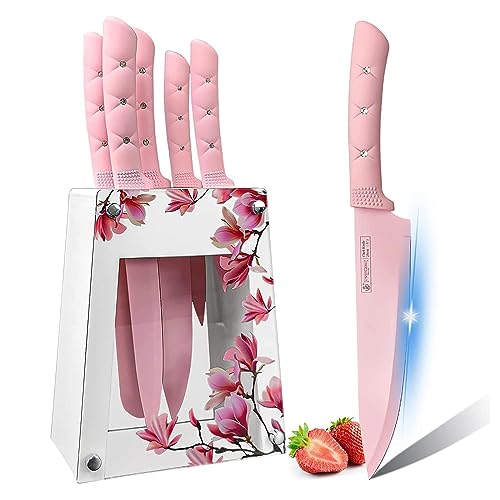 Messerblock mit Messer, Pinke Blume 6-teiliges scharfes Kochmesser-Set aus Edelstahl mit Acrylständer, Rutschfestes Kochmesser-Set mit Bunte Antihaftbeschichtung, Geschenk für Mädchen von Justup