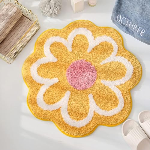 Teppich Wohnzimmer, Blumen Teppich Weiche Antirutsch Badematte mit Hoher Hygroskopizität Badvorleger Duschvorleger Fußmatte Teppichboden für Bad Küche Wohnzimmer Toilette 25.6x25.6 Inches (Gelb) von Justup