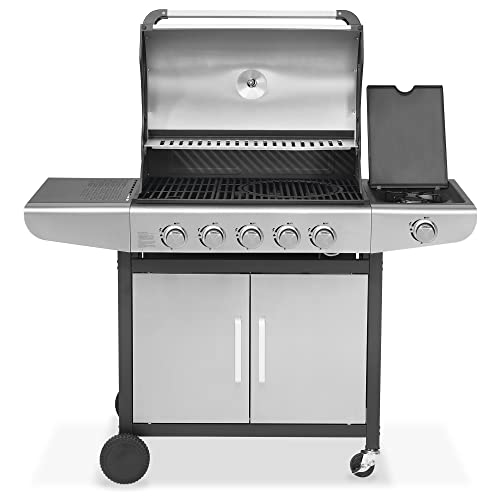 JUSTUS Gasgrill Ares Pro, 5 Hauptbrenner, 1 Seitenbrenner – Grill mit Piezozündung, Unterschrank, Seitentischen, Guss-Grillrost, 133 x 57 x 112 cm, Schwarz/Edelstahl von Justus