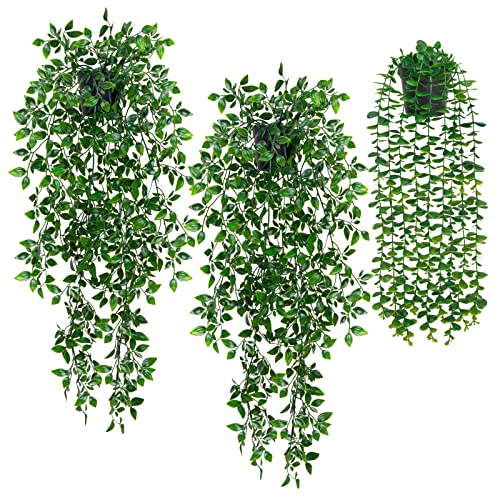 Jusvenmt Künstliche Hängepflanzen im Topf, 3 Stück Kunstpflanze Hängend bis 80cm lang Künstliche Pflanzen Eukalyptus Rebe Fake Pflanzen für Badezimmer Wohnzimmer Balkon Innen Wand Deko von Jusvenmt