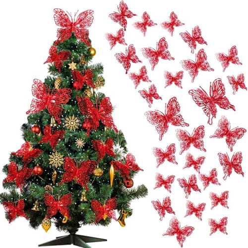 Jutom Weihnachtsbaum-Schmetterlings-Dekorationen, 3 Größen, glitzernd, hohl, 3D-Schmetterling, Wanddekoration mit Clips und Stielen für Weihnachtsbaumdekoration, Rot, 36 Stück von Jutom
