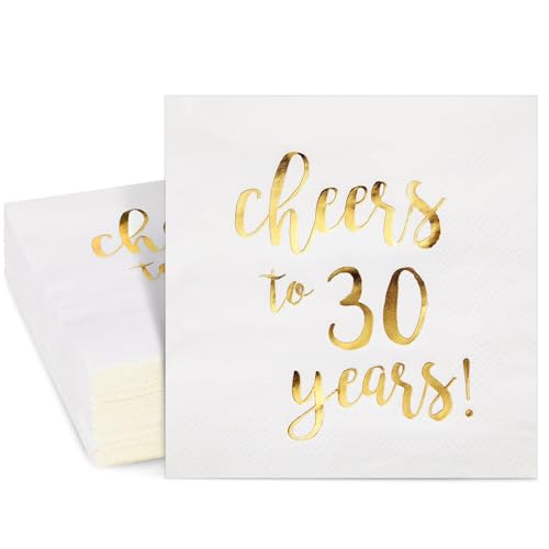 50 Servietten Cheers to 30 Years, 3-Lagig, Goldfolien-Aufschrift, Cocktailservietten, 25,4 x 25,4 cm Ungefaltet, Weiß von Juvale