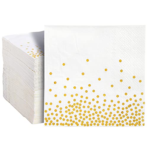 Juvale Einweg-Papierservietten (Set, 100 Stück) - 3-Lagig, Cocktailservietten - Für Partys, Feste - Weiß/Goldfarbenes Konfetti, 12,7 x 12,7 cm von Juvale