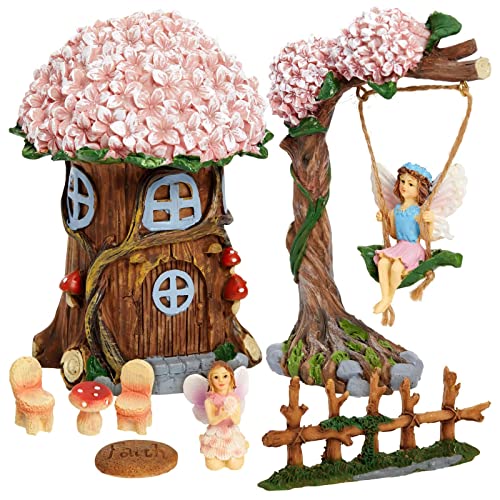Miniatur-Feengarten-Set, 8 Ornamente, Gartendekoration mit Feenhaus, Fee auf Schaukel, Zaun, Stein, Fee auf Knien und Pilz-Tisch mit Stühlen von Juvale