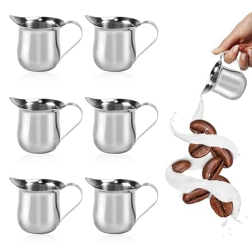 Juwacoo 6 Stück Mini Milchkännchen Edelstahl, 90 ML/ 3oz Klein Milchkanne, Milchaufschäumer Kännchen Espresso Kännchen Sahnekännchen, Milchaufschäumkännchen, Milchgiesser mit Griff für Milchkaffee von Juwacoo