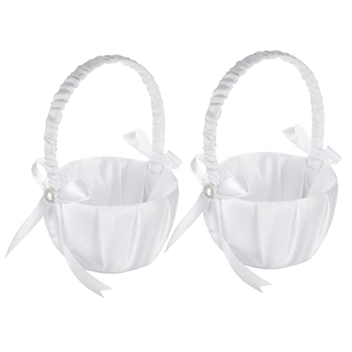 Juwacoo 2 Stück Satin Blumenmädchen Korb mit Schleife, Hochzeit Körbchen Hochzeitsdeko, Flower Girl Baskets Blumenkorb Hochzeit Streukörbchen Korb flower Basket Stand für Hochzeitszeremonie Party von Juwacoo