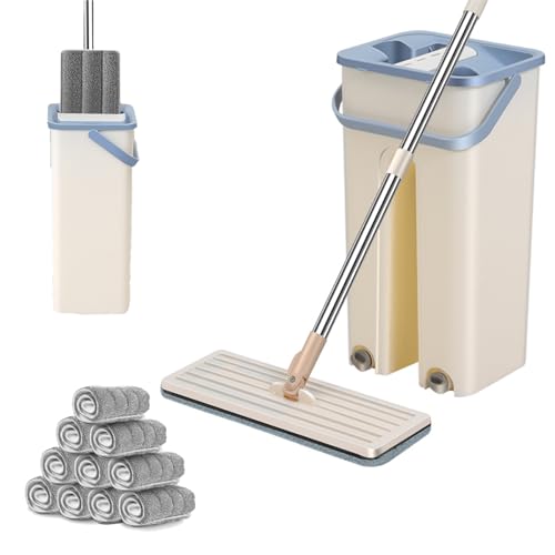 Juwacoo Wischmopp Set Mit Eimer 10 Mopp-Pads, 360° Drehbarer Flachwischer Set, Bodenwischer Flachmopp mit Auswringfunktion, Abnehmbarer, für Alle Bodentypen von Juwacoo