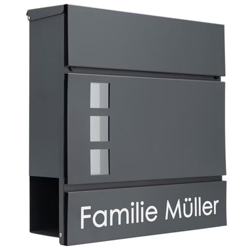 Designer Briefkasten Anthrazit mit Sichtfenster – Personalisierbar mit Gravur, Familienname oder Wunschtext – Modern & langlebig Einzug, Haus, Neubau oder Garten – 37x36,5 cm von Juwelier Schönschmied