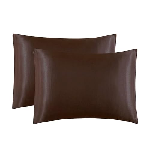 2 Stück Satin-Seide-Kissenbezüge aus weicher reiner Maulbeere Kissenbezug für Haar und Haut mit Hotelverschluss (braun, Standard (50 x 75 cm) von Juwenin Home