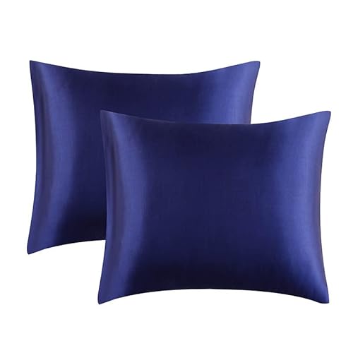 Juwenin Home 2 Stück Satin-Seiden-Kissenbezüge, weich, reine Maulbeere, Kissenbezug für Haar und Haut, mit Hotelverschluss (Marineblau, Standard (50 x 75 cm)) von Juwenin Home