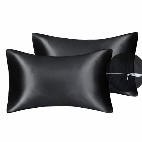 Seidiger Luxus-Satin-Kissenbezug für Haar und Gesichtshaut, um Falten zu verhindern, versteckter Reißverschluss, Schwarz, Standard (50 x 75 cm), 2 Stück von Juwenin Home