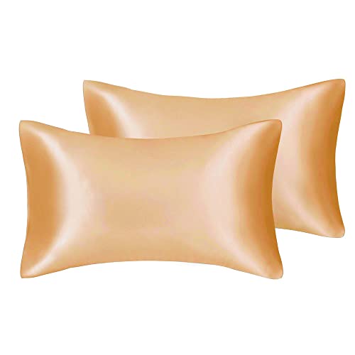 Seidiger Luxus-Satin-Kissenbezug für Haar und Gesichtshaut, um Falten zu verhindern, versteckter Reißverschluss (Gold, Standard (50 x 75 cm), 2 Stück von Juwenin Home