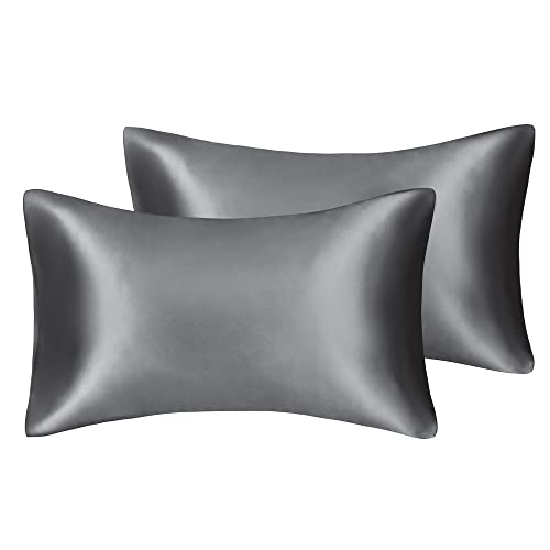 Seidiger Luxus-Satin-Kissenbezug für Haar und Gesichtshaut, um Falten zu verhindern, versteckter Reißverschluss (grau, Standard (50 x 75 cm), 2 Stück) von Juwenin Home