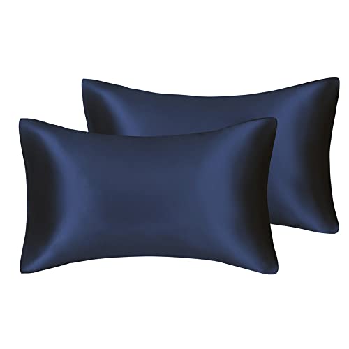 Seidiger Luxus-Satin-Kissenbezug für Haar und Gesichtshaut, um Falten zu verhindern, versteckter Reißverschluss (marineblau, Standard (50 x 75 cm), 2 Stück von Juwenin Home
