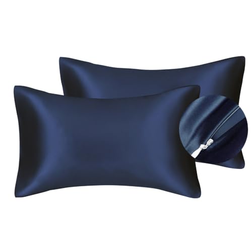 Seidiger Luxus-Satin-Kissenbezug für Haar und Gesichtshaut, um Falten zu verhindern, versteckter Reißverschluss, Marineblau, Standard (50 x 75 cm), 2 Stück von Juwenin Home