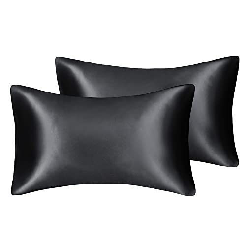 Seidiger Luxus-Satin-Kissenbezug für Haar und Gesichtshaut, um Falten zu verhindern, versteckter Reißverschluss (schwarz, Standard (50 x 75 cm), 2 Stück von Juwenin Home