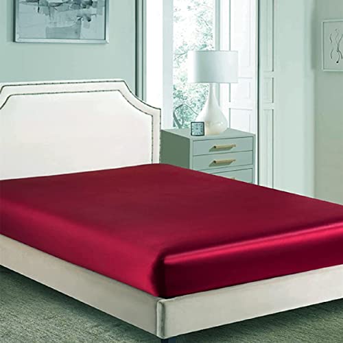 Seidiges Satin-Spannbetttuch, klassisch, luxuriös, seidig weich, einfarbig (Burgunderrot, Super-Kingsize-Bett (180 x 200 + 30)) von Juwenin Home
