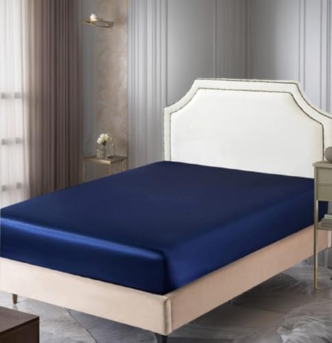 Seidiges Satin-Spannbetttuch, klassisch, luxuriös, seidig weich, einfarbig (Navy, 90x200) von Juwenin Home