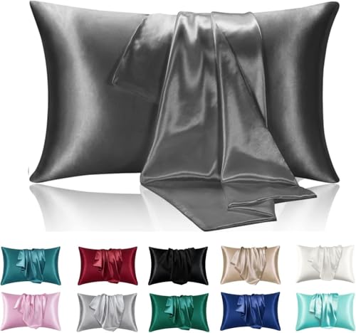 Superweiche seidige Satin-Kissenbezüge für Haar und Haut 2er-Pack Moderne rechteckige atmungsaktive Kissenbezüge mit Umschlagverschluss (Dunkelgrau, 40x60cm-2 stüc) von Juwenin Home