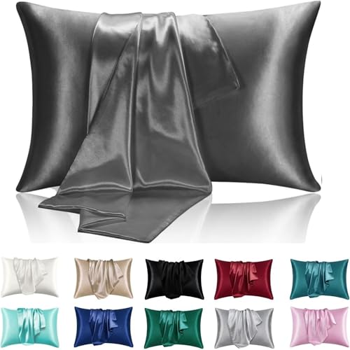 Superweiche seidige Satin-Kissenbezüge für Haar und Haut 2er-Pack Moderne rechteckige atmungsaktive Kissenbezüge mit Umschlagverschluss (Dunkelgrau, 40x80cm-2 stüc) von Juwenin Home
