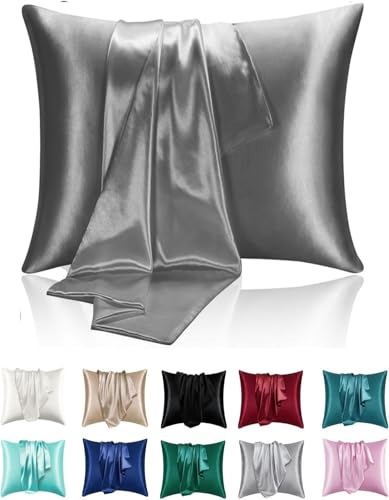Superweiche seidige Satin-Kissenbezüge für Haar und Haut 2er-Pack Moderne rechteckige atmungsaktive Kissenbezüge mit Umschlagverschluss (Dunkelgrau, 80x80cm-2 stüc) von Juwenin Home