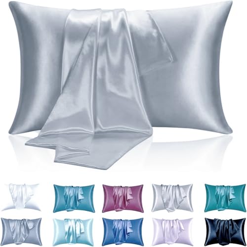 Superweiche seidige Satin-Kissenbezüge für Haar und Haut 2er-Pack Moderne rechteckige atmungsaktive Kissenbezüge mit Umschlagverschluss (Hellgrau, 40x80cm-2 stüc) von Juwenin Home