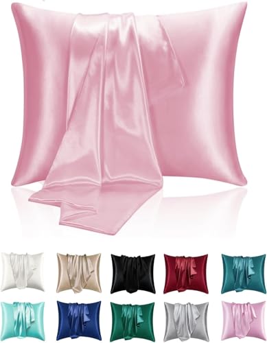 Superweiche seidige Satin-Kissenbezüge für Haar und Haut 2er-Pack Moderne rechteckige atmungsaktive Kissenbezüge mit Umschlagverschluss (Rose, 80x80cm-2 stüc) von Juwenin Home