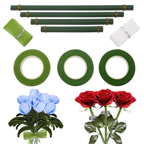100 Stück Blumendraht Grün Set Floristikdraht mit 3 Floristenband & 2 Satinbändern, Basteldraht für Blumenarrangements, DIY Bouquets, Künstlichen von Juyibaao