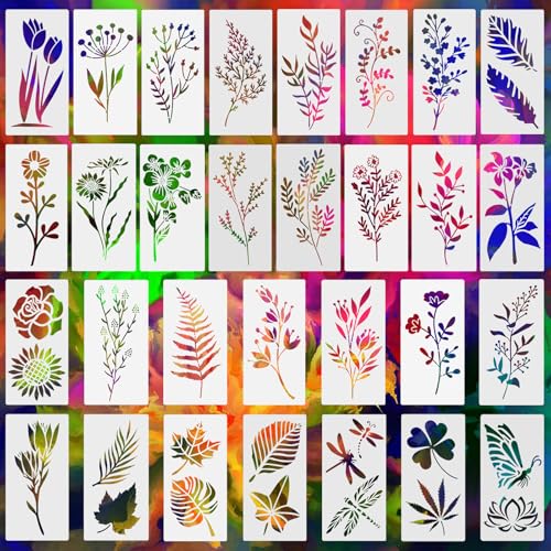 30 Stück Blumen Schablone, Wiederverwendbar Wildblumen Schablonen zum Malen, 3 x 6 Zoll Malschablonen DIY Vorlagen Malerei Schablonen Set für Scrapbooking Holz Wand Kunst Dekor von Juyibaao
