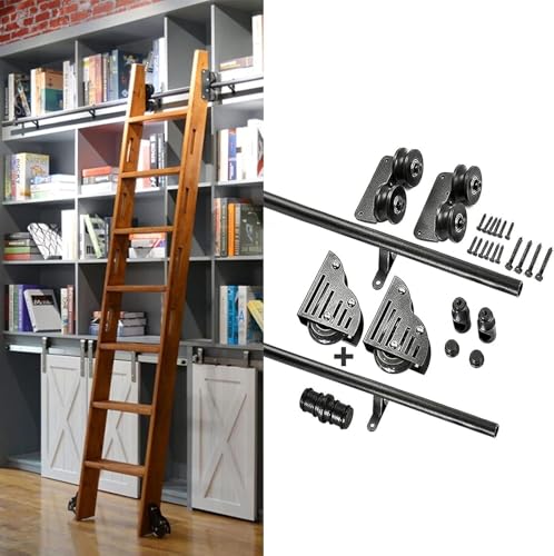 JvFbjLF Bibliotheks-Schiebeleiter-Hardware-Kit, 13 Fuß Stahl-Rundrohr, Mobile Leiter Ra mit Bodenrollen von JvFbjLF