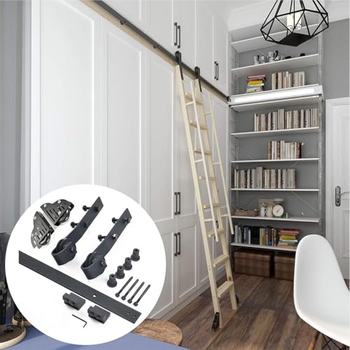 JvFbjLF Rolling Library Schiebeleiter-Hardware-Kit, Schiebetürschienen-Hardware-Zubehör, Schwarze Mobile Leiterschiene(400cm(13.1 ft) Track kit) von JvFbjLF
