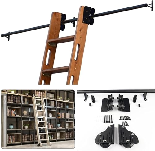 JvFbjLF Rollleiter-Hardware-Kit for Bibliotheken, Schienen-Hardware-Kit, Leiterschienensystem, Schiebetürschienen-Kit aus Holz, Schrank-Kit, Rundrohr-Stahlrutsche(6.6ft/200cm Track Kit) von JvFbjLF