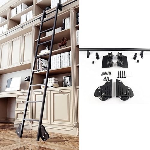 JvFbjLF Schiebeleiter-Hardware-Kit Bibliothek Schiebeleiter-Schienen-Kit, Schiebetür-Scheunentor Schwarz Schienenzubehör(100cm(3.3 ft) Track kit) von JvFbjLF