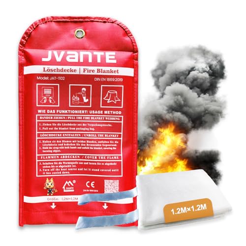 JVANTE Feuerlöschdecke DIN EN 1869:2019 – Hochwertige Sicherheits-Fiberglas-Decke für Fettbrände, Auto, Küche, Schule, Kamin, Grill, Büro, Garage & Werkstatt(1.2m*1.2m) von Jvante