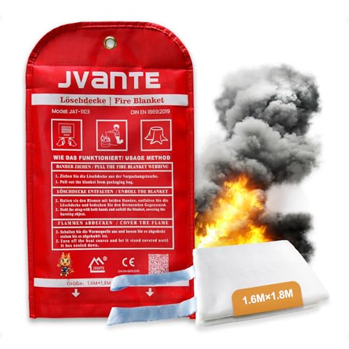 JVANTE Feuerlöschdecke DIN EN 1869:2019 – Hochwertige Sicherheits-Fiberglas-Decke für Fettbrände, Auto, Küche, Schule, Kamin, Grill, Büro, Garage & Werkstatt(1.6m*1.8m) von Jvante