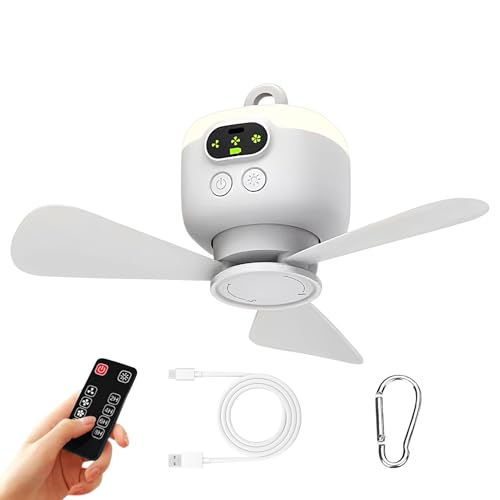 Camping Fan with Light, Outdoor Rechargeable Fan, 4-Speed USB, Remote Control Airflow, LED Lighting Function, for Tent Car Patio Garden Beach Indoor Use, 5.35x4.57x3.78 Inches von Jvjggag