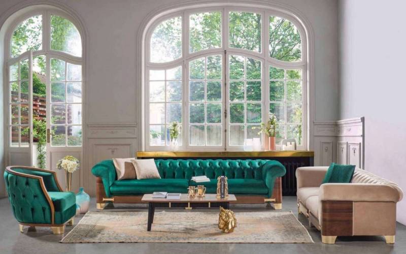 JVmoebel Wohnzimmer-Set Chesterfield Sofagarnitur 431 Sitzer Sofas Sessel Stoff Luxus Neu, (3-St., 4 Sitzer 3 Sitzer Sessel) von JVmoebel