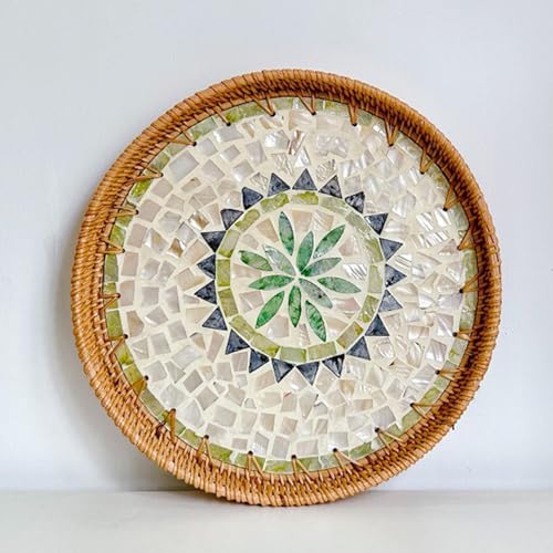 Jwthee Rattan-Tablett mit Perlmutt-Lack-Intarsien, rundes Serviertablett, dekoratives Couchtisch-Tablett, rundes Korbtablett, dekorative Servierplatte, Korbtabletts für Tee, Snacks, (Böhmen) von Jwthee