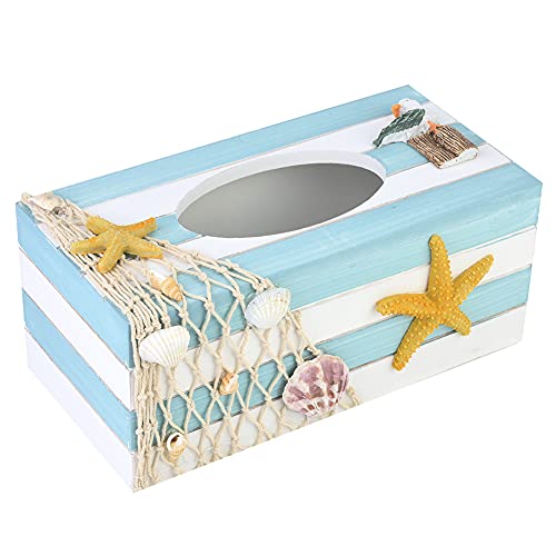 Jwthee Strand-Holz-Taschentuchbox-Abdeckungshalter, 23,9 x 11,9 x 9,9 cm, rechteckiger Taschentuchbox-Halter aus Holz, mediterrane dekorative Taschentuchbox, hölzerne Taschentuchbox, (Seestern) von Jwthee