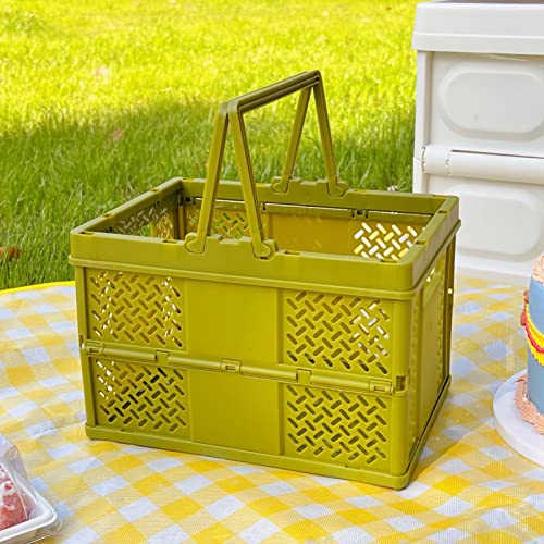 Kunststoffkorb mit Griff, zusammenklappbarer Picknickkorbtisch, zusammenklappbare Kunststoff-Faltbox, zusammenklappbarer Aufbewahrungskorb, hohler Kunststoff-Einkaufskorb, (Olive Green) von Jwthee