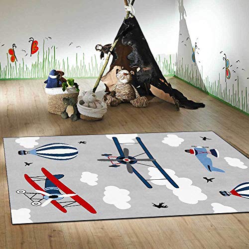 Jwujnxaq Groß Teppich Wohnzimmer rutschfeste Waschbarer Kurzflor Teppiche für Eingangsbereich Küche Kinderzimmer Flugzeug-Heißluftballon grau, 70 x 200 cm von Jwujnxaq
