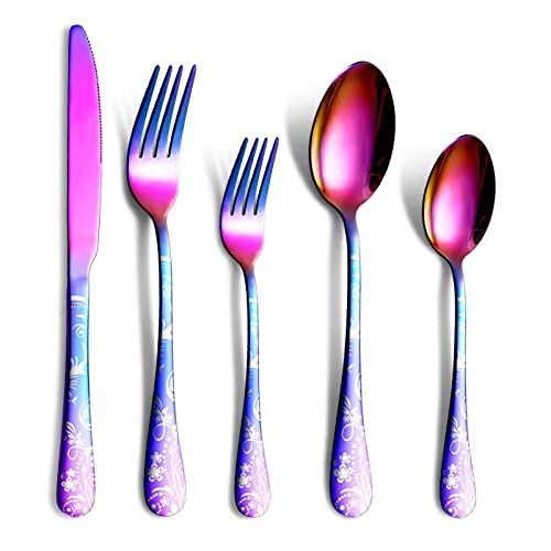 Jxkgenix Besteck Edelstahl rostfrei Set für 4 Personen, Cutlery Set inkl Messer, Gabel, Löffel, Besteck Spiegelpoliert Spülmaschinenfest Camping Besteck Set 20 teilig (Regenbogen) von Jxkgenix