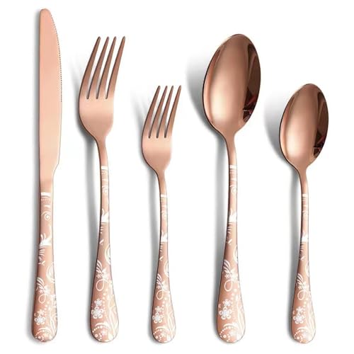 Jxkgenix Besteck Set, 4 Personen Essbesteck Set 20 teilig, Messer, Gabel, Löffel, Muster, Besteck Edelstahl Spiegelpoliert, Spülmaschinenfest (Roségold) von Jxkgenix